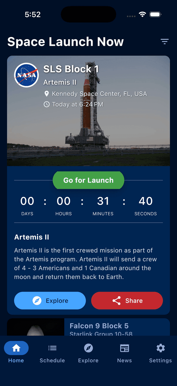 The Home screen: the next launch and its countdown