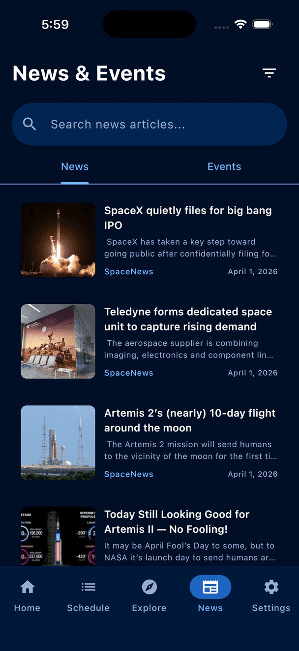The News and Events screen