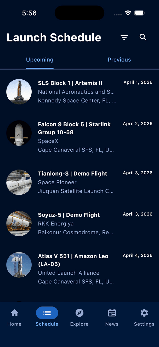 The Schedule screen: upcoming launches