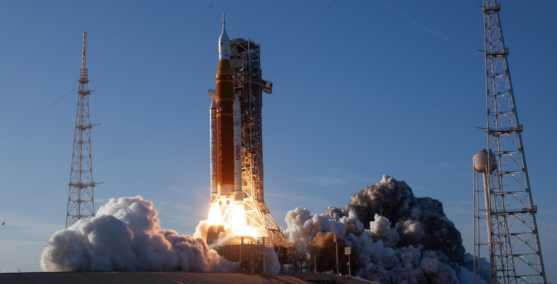 The SLS rocket lifting off from Launch Complex 39B at Kennedy Space Center